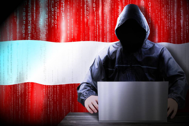 Anonymní maskovaný hacker, vlajka Rakouska, binární kód - koncept kybernetického útoku - Fotografie, Obrázek