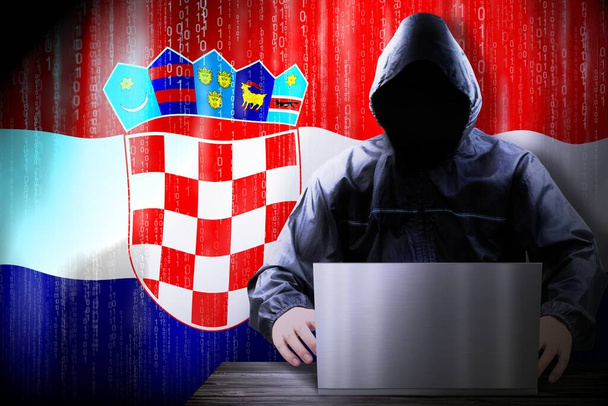 Anonymní maskovaný hacker, vlajka Chorvatska, binární kód - koncept kybernetického útoku - Fotografie, Obrázek