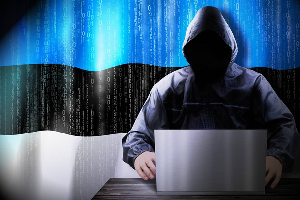 Anonymní maskovaný hacker, vlajka Estonska, binární kód - koncept kybernetického útoku - Fotografie, Obrázek