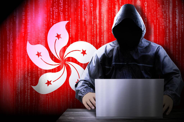 Anónimo hacker encapuchado, bandera de Hong Kong, código binario - concepto de ataque cibernético - Foto, Imagen