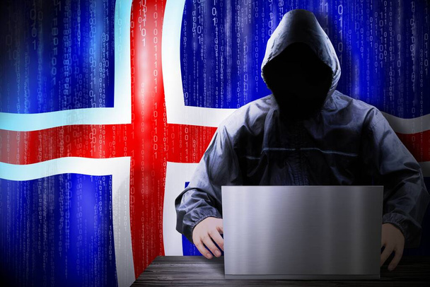Pirate anonyme à capuchon, drapeau de l'Islande, code binaire - concept de cyberattaque - Photo, image