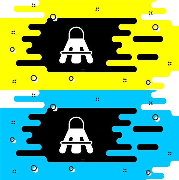 Icono de lanzadera de bádminton blanco aislado sobre fondo negro. Equipamiento deportivo. Vector - Vector, imagen