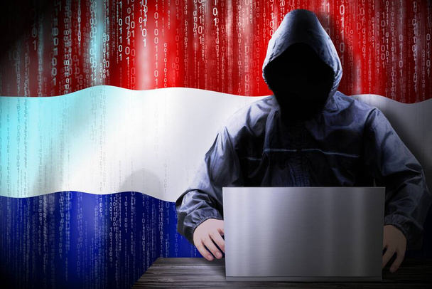 Anonimowy haker z kapturem, flaga Holandii, kod binarny - koncepcja ataku cybernetycznego - Zdjęcie, obraz