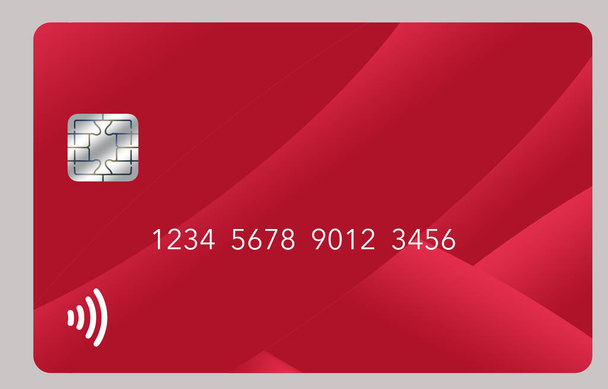 Hier ist eine generische Scheinkredit- oder Debitkarte, die rot ist. Dies ist eine 3-D-Illustration und ein modernes Design für 2022 - Foto, Bild