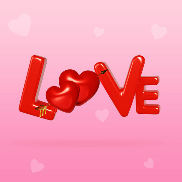Słowo Miłość czerwonymi literami, napis Miłość z dwoma sercami przebitymi złotą strzałą Kupidyna. Szczęśliwych Walentynek, Dzień matki, 8 marca, renderowanie 3D - Zdjęcie, obraz