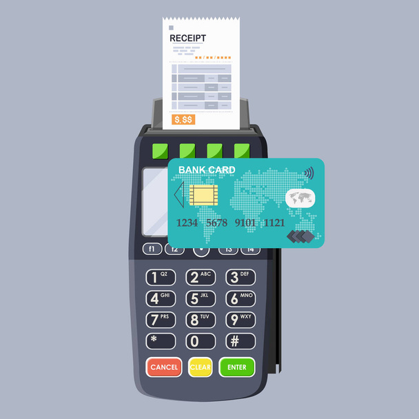 POS terminaali ja pankkikortilla maksutapahtuma. Langattomat, kontaktittomat tai rahattomat maksut, RFID NFC. Vektorin kuvitus litteään tyyliin - Vektori, kuva
