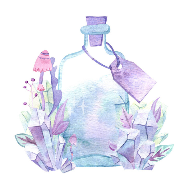 Watercolor magic bottle with crystals and floral elements. Glass perfume flask, elixir or poison. - Foto, Imagen