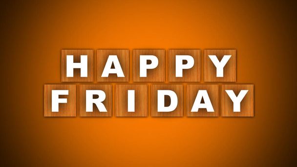 Happy Friday Text Title - Square Wooden Concept - Orange Background - 3D Illustration - Photo, Image