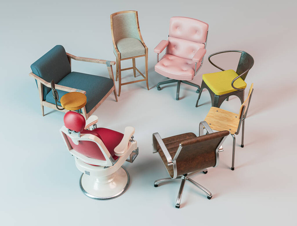 Koncept zobrazující rozmanitou sbírku židlí v různých stylech a barvách, vše v kruhu na izolovaném pozadí studia - 3D vykreslování - Fotografie, Obrázek