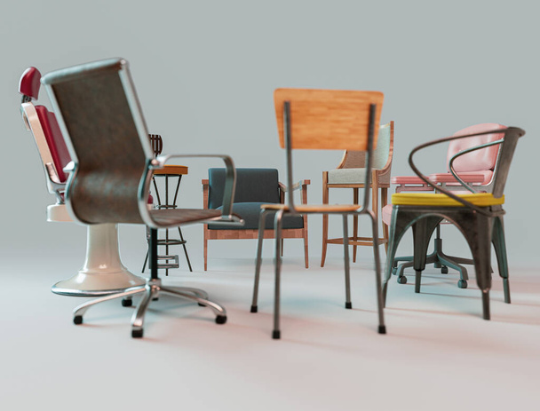 Koncepcja ukazująca różnorodną kolekcję krzeseł w różnych stylach i kolorach w okręgu na odizolowanym tle studia - renderowanie 3D - Zdjęcie, obraz