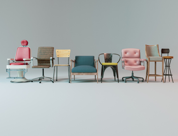 Un concepto que muestra una colección diversa de sillas en varios estilos y colores, todo en una línea sobre un fondo de estudio aislado - 3D render - Foto, imagen