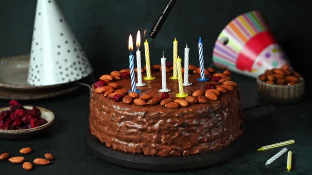 Czekoladowy tort urodzinowy ze świecami. Imprezowe ciasto. Zapal świece. Pomyśl życzenie. Wszystkiego najlepszego. Ciasto czekoladowe. Urodziny. - Materiał filmowy, wideo