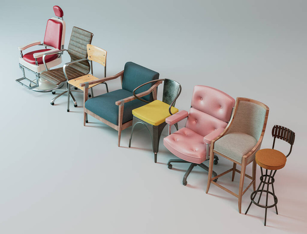 Koncepcja ukazująca różnorodną kolekcję krzeseł w różnych stylach i kolorach w linii na odizolowanym tle studia - renderowanie 3D - Zdjęcie, obraz