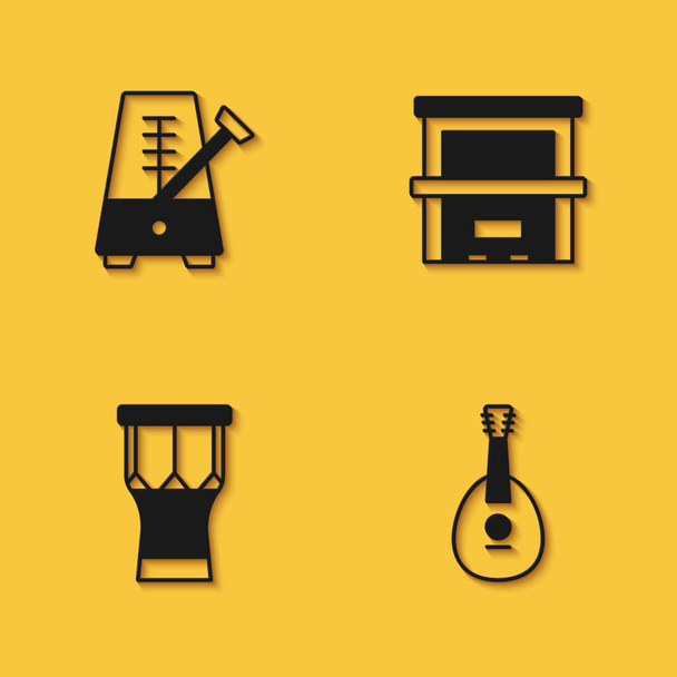 Zestaw Metronome z wahadłem, mandoliną, afrykańskim bębnem perkusyjnym i ikoną fortepianu z długim cieniem. Wektor - Wektor, obraz