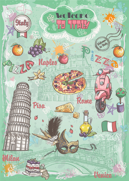 Набор достопримечательностей Италии, архитектура, еда, транспорт, предметы
 - Вектор,изображение