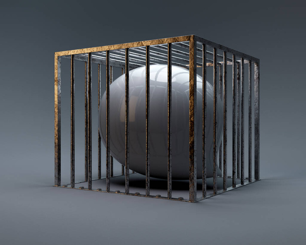 Um conceito mostrando uma bolha de fala reflexiva branca aprisionada em uma gaiola de aço quadrada retratando a censura em um fundo escuro isolado - renderização 3D  - Foto, Imagem