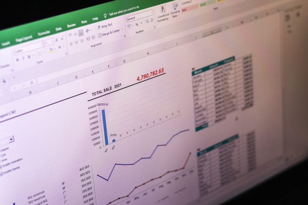 Scatto di un foglio Excel sullo schermo del computer che mostra il rapporto di vendita con grafici e tabelle - Foto, immagini