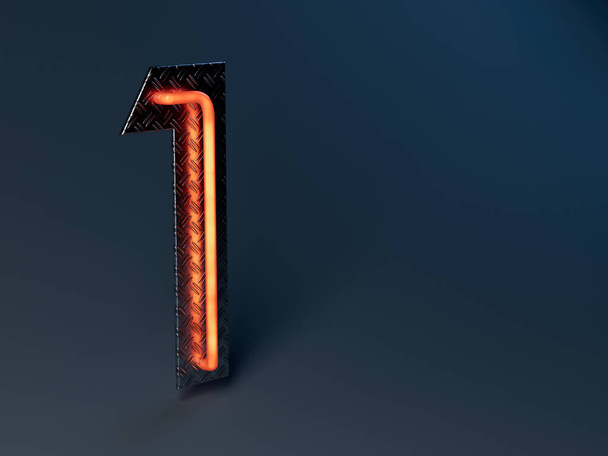 Un número uno naranja iluminado montado en una placa de rodamiento de metal brillante - 3D render - Foto, imagen