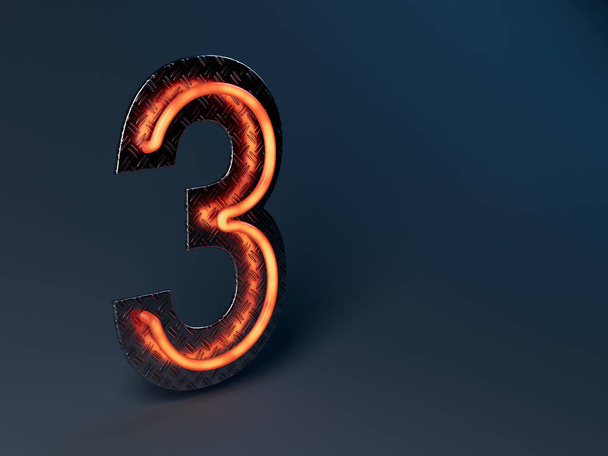 Un número tres naranja iluminado montado en una placa de rodamiento de metal brillante - 3D render - Foto, imagen