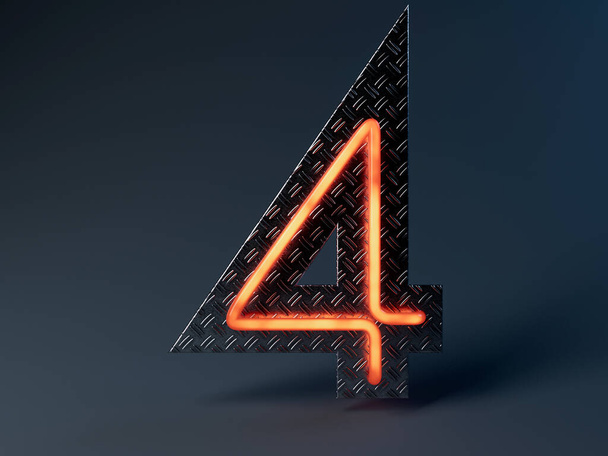 Иллюминированный оранжевый номер четыре, установленный на блестящей металлической подставке - 3D рендеринг - Фото, изображение