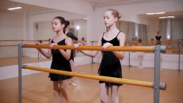 Bale eğitimi. Ayna stüdyosunda bale eğitimi alan bir grup kız. Diğerlerinden farklı olarak iki kız. - Video, Çekim