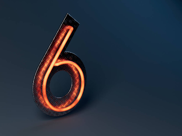 Un número seis naranja iluminado montado en una placa de rodamiento de metal brillante - 3D render - Foto, imagen