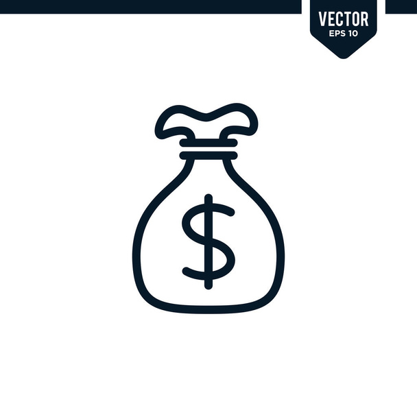Colección de iconos de saco de dinero o bolsa de dinero en estilo de arte delineado o en línea, vector de trazo editable - Vector, imagen