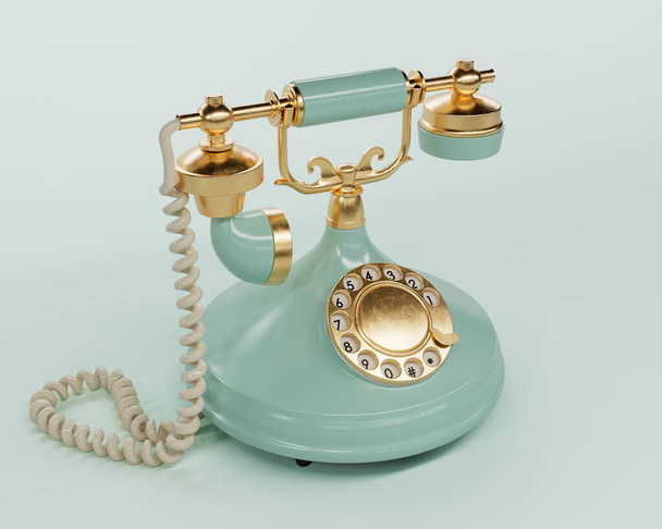Ένα vintage aquamarine και brass art deco τηλέφωνο σε ένα ελαφρύ στούντιο φόντο - 3D καθιστούν - Φωτογραφία, εικόνα