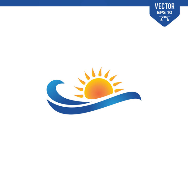 Koncepcja projektowania logo słońca i fali - Wektor, obraz