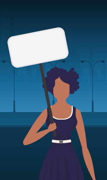 Una donna protesta con uno striscione sullo sfondo della città. Il concetto di esprimere pensieri, insoddisfazione e proteste. Illustrazione vettoriale. - Vettoriali, immagini