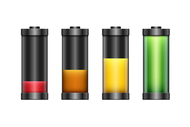 Batteries set. Charged and discharged batteries. Vector 3d clipart isolated on white background. - Вектор,изображение