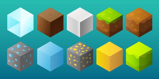 Set of block materials and textures, vector elements for game design. Cubes isolated on green background. Set of Game Platforms. Items for Games. - Vector, Image