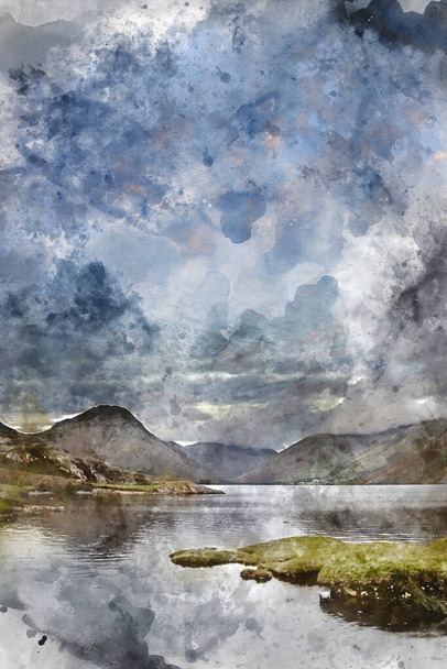 Digital watercolor painting of Stunning late Summer landscape image of Wasdale Valley in Lake District, looking towards Scafell Pike, Great Gable and Kirk Fell mountain range - Photo, Image