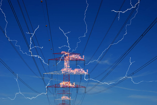 многие горящие столбы электричества со многими яркими молниями цены на электроэнергию увеличиваются из-за инфляции - Фото, изображение