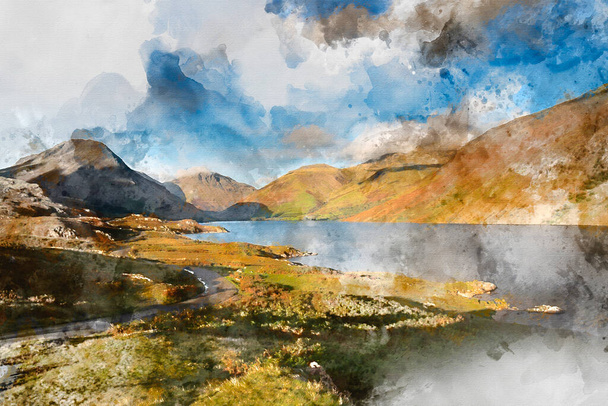 Digital watercolor painting of Stunning late Summer landscape image of Wasdale Valley in Lake District, looking towards Scafell Pike, Great Gable and Kirk Fell mountain range - Photo, Image
