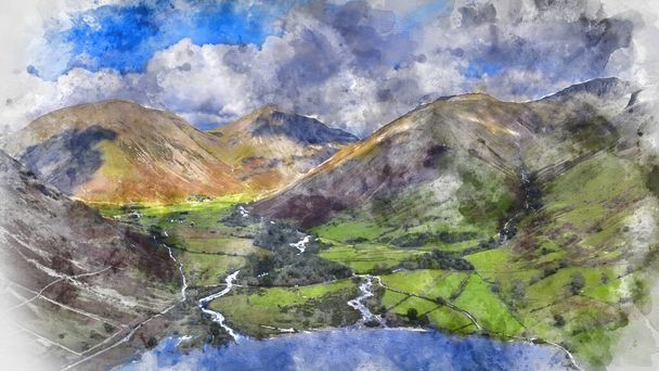 Digital watercolor painting of Stunning high point of view from flying drone over Lake District landscape in late Summer, in Wast Water valley with mountain views - Photo, Image