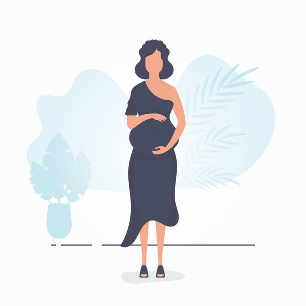 Pregnant girl in full growth. Well built pregnant female character. Banner in blue tones for you. Flat vector illustration. - Vector, Image