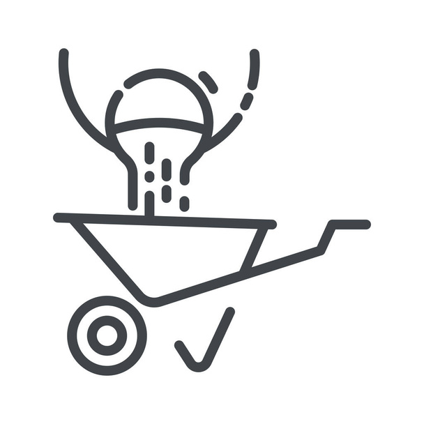 Wheelbarrow line icon side view isolated on white transparent background. Symbol of construction industry. - Vector, Image