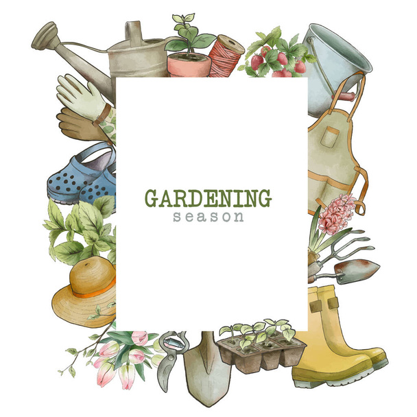 Gardening tools banner, vintage watercolor style, hand drawn - ベクター画像