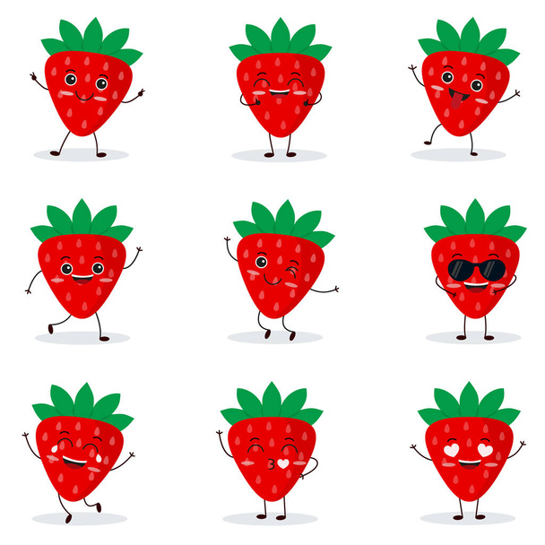 かわいい幸せなイチゴのキャラクター。フラットスタイルで面白い果物の感情。第10話 - ベクター画像