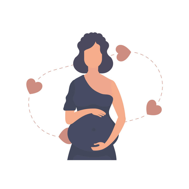 Mujer embarazada con amor sostiene su vientre. Aislado sobre fondo blanco. Ilustración vectorial. - Vector, imagen