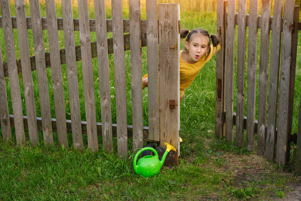 Een grappig meisje met een gieter kijkt uit van achter een open tuinhek met een grappige grimas. Oude houten poort in de achtertuin. - Foto, afbeelding
