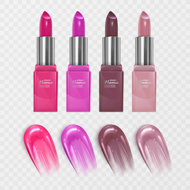 Set of color lipsticks. Red lipstick, pink lipstick in realistic style, vector illustration - Διάνυσμα, εικόνα