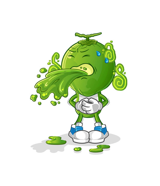Zelený kreslený film s kokosovou hlavou zvrací. karikatura maskot vektor - Vektor, obrázek