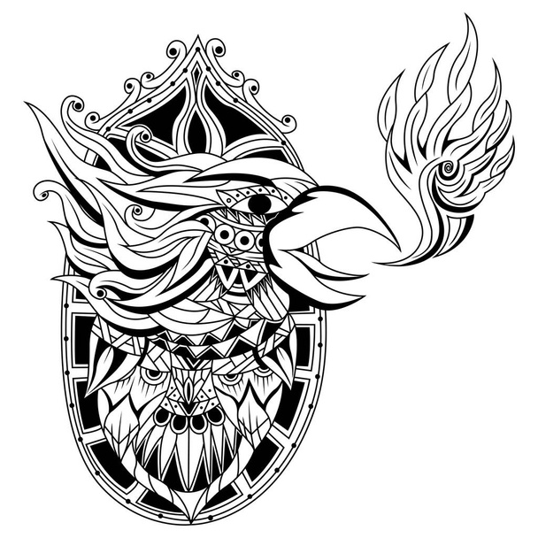 Mano dibujada de cabeza de ave fénix en estilo zentangle - Vector, imagen