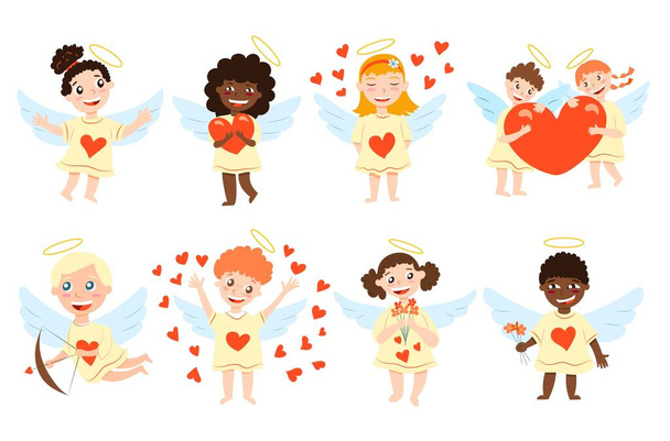 Collection of babies cupid angels. Boy and girls with wings. Cartoon style. Cute and funny. Valentine s Day. Red hearts. Yellow dress. Love and romance. For nursery, greeting cards, poster or print - Vector, Image