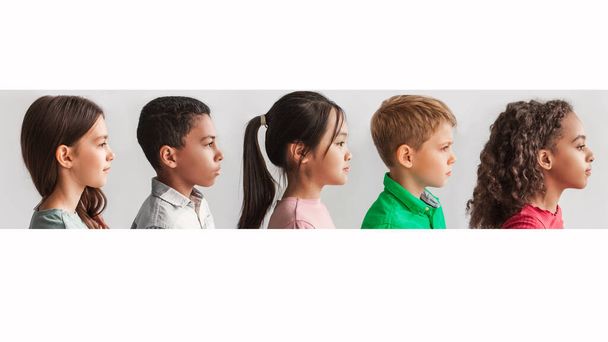 Collage Of Multicultural Preteen Kids Profile portrék fehér háttér felett - Fotó, kép