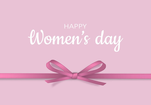 Greeting card for March 8. Happy International Women's day banner with pink ribbon and realistic bow on a pink background. Vector illustration - Вектор,изображение