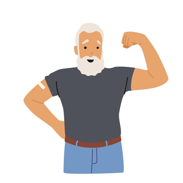 Geimpfter alter positiver Senior mit Pflaster auf der Schulter demonstriert Power Show Muskeln isoliert auf weißem Hintergrund - Vektor, Bild