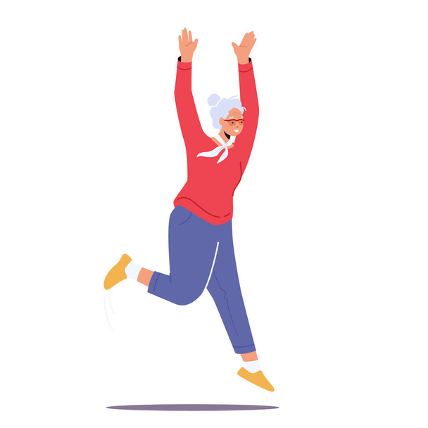 Fröhliche Seniorin springt vor Aufregung und erhobenen Händen auf weißem Hintergrund. Aktiver Rentnerspaß - Vektor, Bild